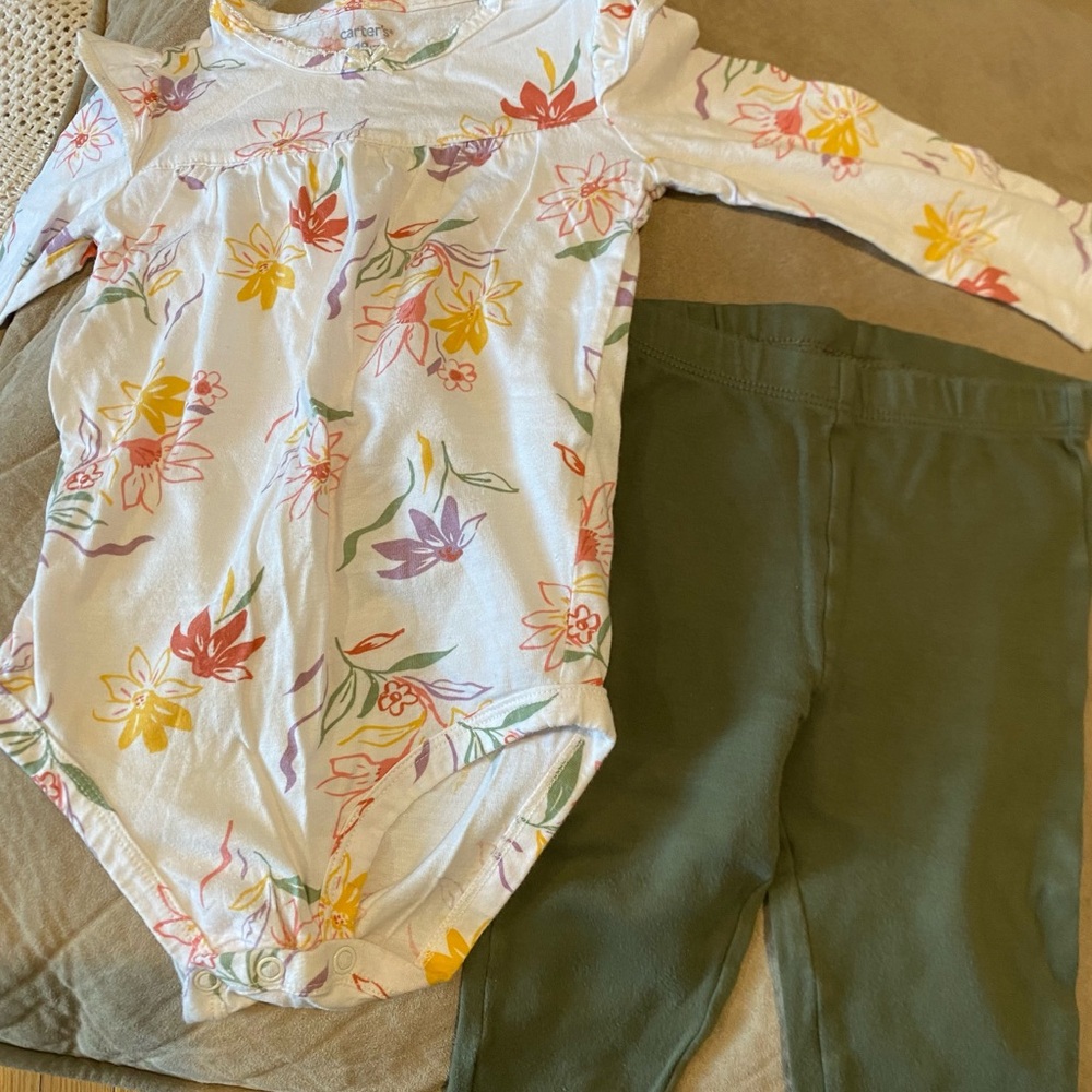 Carter's White Floral Long-Sleeve Bodysuit with Olive Green Pants